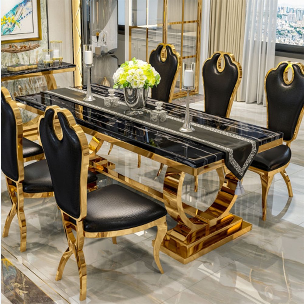 Modern Furniture kitchen dinning table and 6 chair Luxury restaurant metal stainless steel dining tables