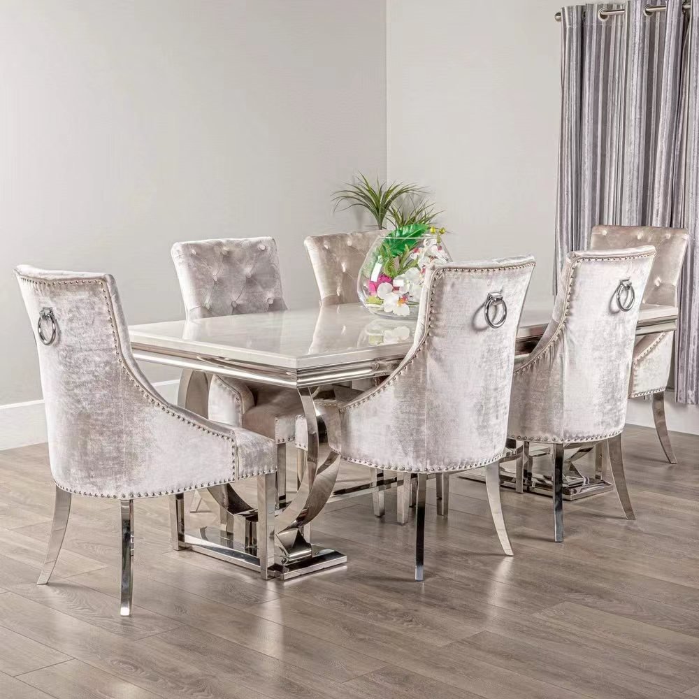 Modern Furniture kitchen dinning table and 6 chair Luxury restaurant metal stainless steel dining tables