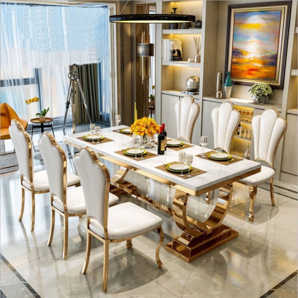 Modern Furniture kitchen dinning table and 6 chair Luxury restaurant metal stainless steel dining tables