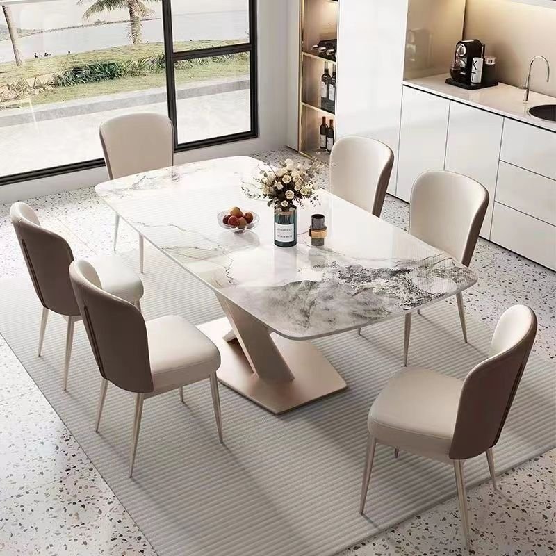 Hot Sale Light Luxury Living Room Dinning Table Set Marble Top Luxury Rectangular Dinning Table Set for 6 Seat Table With Chair