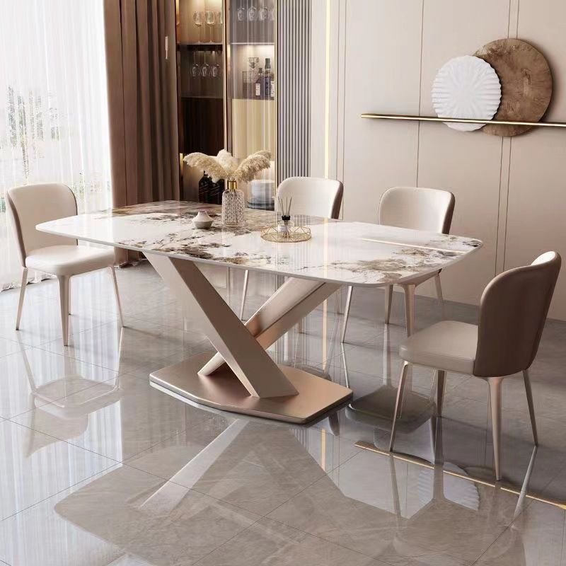 Hot Sale Light Luxury Living Room Dinning Table Set Marble Top Luxury Rectangular Dinning Table Set for 6 Seat Table With Chair