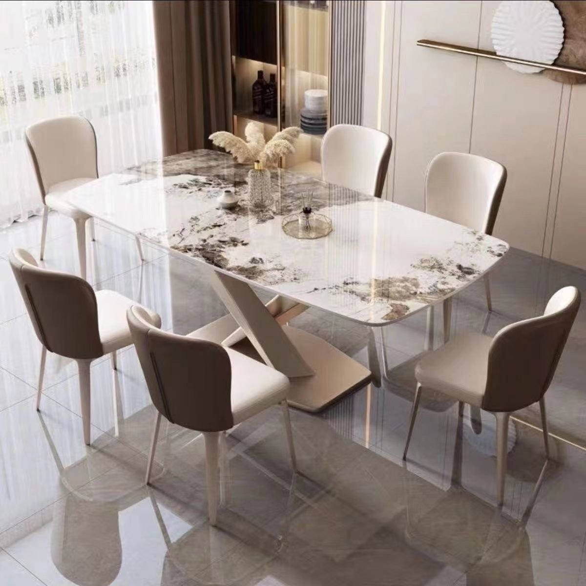 Hot Sale Light Luxury Living Room Dinning Table Set Marble Top Luxury Rectangular Dinning Table Set for 6 Seat Table With Chair