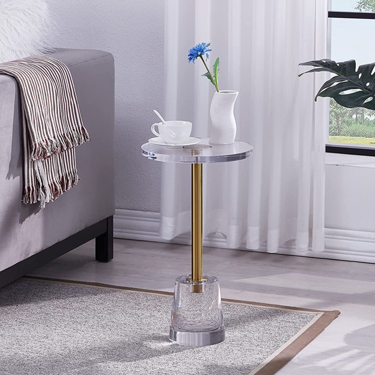 Modern Nightstand with Gold Post for Drink/Furniture Acrylic Side Table,Clear Small Round End Table for Living Room
