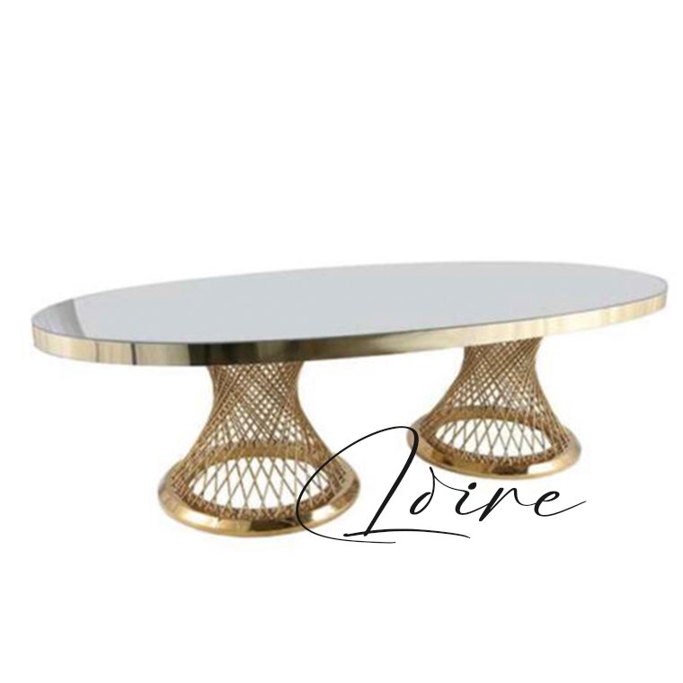 Wholesale Price Modern Furniture Oval Shape Glass Top Tables Gold Stainless Steel Event Tables for Wedding Banquet