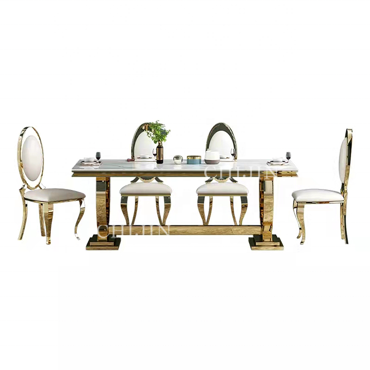 Luxury marble long dining table kitchen stainless steel modern dining table set