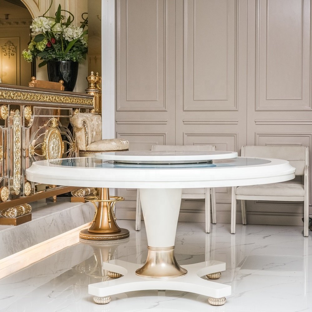 Complete Customized Luxury Dining Room Set Modern French Style Solid Wood Tables with Rounded Shape