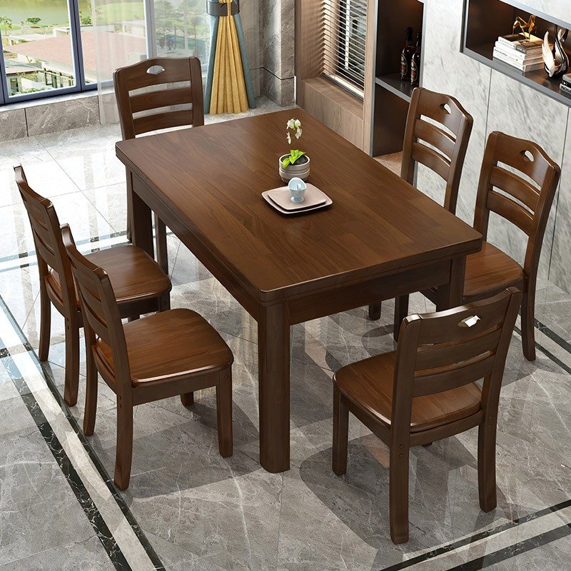 Solid Wood Dining Table with 6 Chairs Home Furniture Classic Dinner Table House Round Rotating Extendable Table Set Kitchen Desk