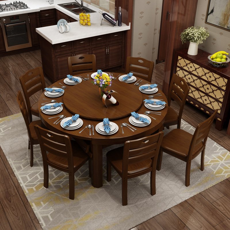 Solid Wood Dining Table with 6 Chairs Home Furniture Classic Dinner Table House Round Rotating Extendable Table Set Kitchen Desk