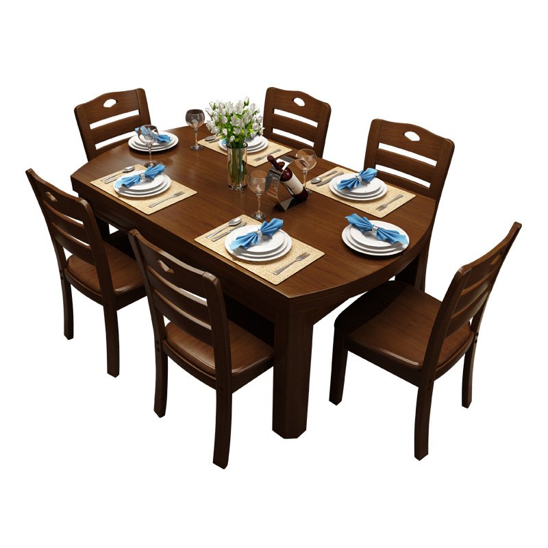 Solid Wood Dining Table with 6 Chairs Home Furniture Classic Dinner Table House Round Rotating Extendable Table Set Kitchen Desk