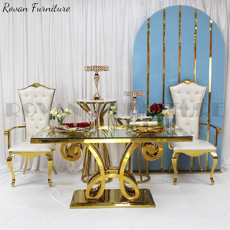 New design luxury rectangular glass top gold stainless steel wedding table for party used