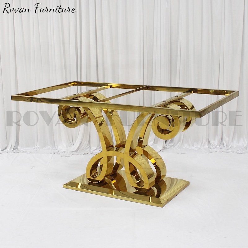 New design luxury rectangular glass top gold stainless steel wedding table for party used