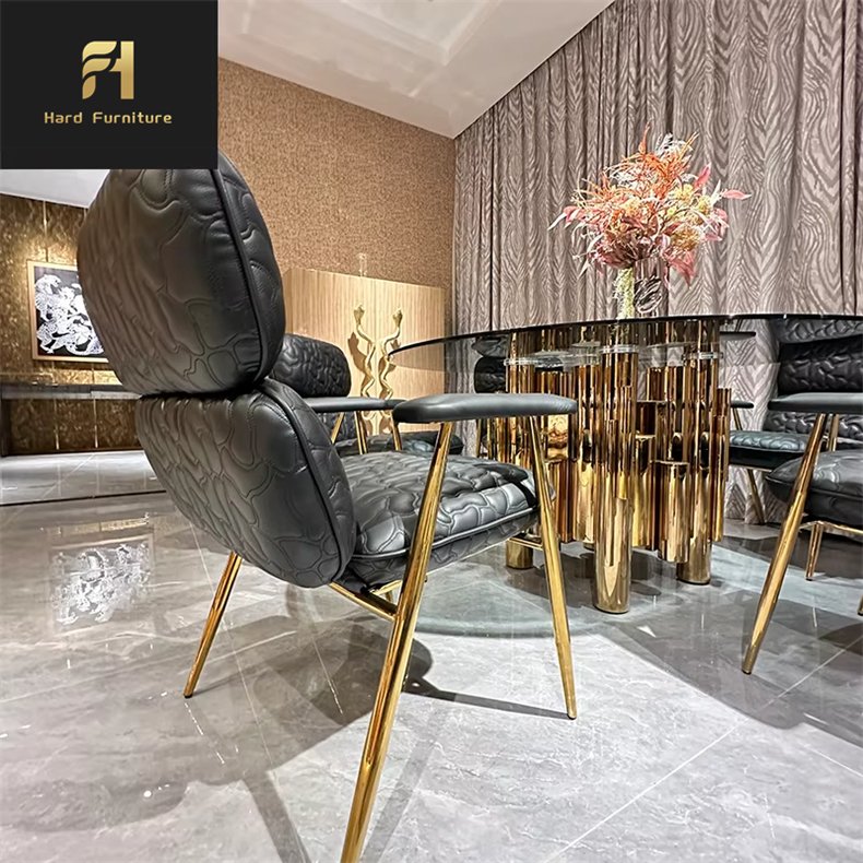Custom Made Luxury Design Family Dining Room Furniture Gold Stainless Steel Base Round Glass Top Dining Table