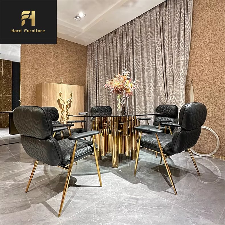 Custom Made Luxury Design Family Dining Room Furniture Gold Stainless Steel Base Round Glass Top Dining Table