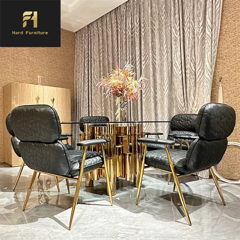 Custom Made Luxury Design Family Dining Room Furniture Gold Stainless Steel Base Round Glass Top Dining Table