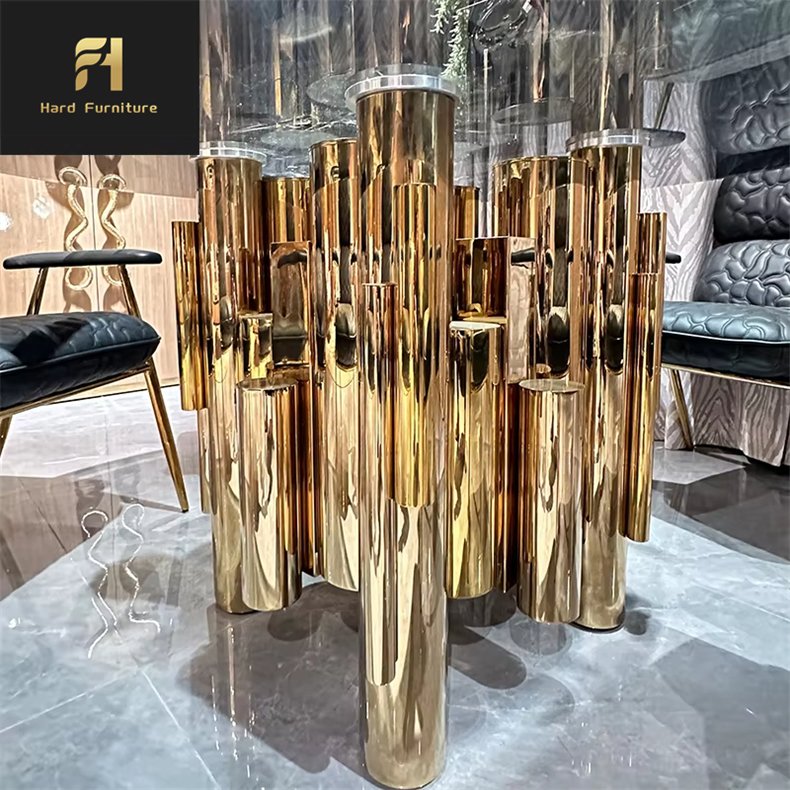 Custom Made Luxury Design Family Dining Room Furniture Gold Stainless Steel Base Round Glass Top Dining Table