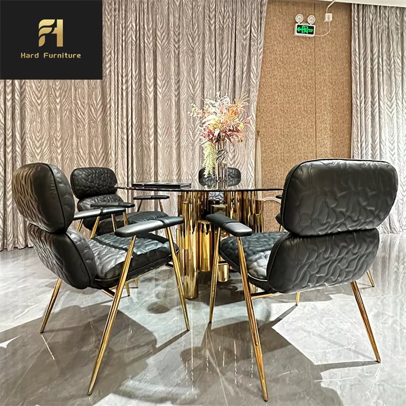 Custom Made Luxury Design Family Dining Room Furniture Gold Stainless Steel Base Round Glass Top Dining Table