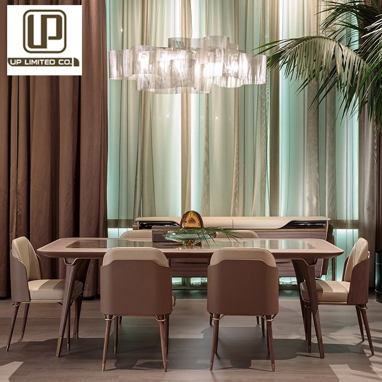 High end solid wood frame dining table luxury Italian 6 seat dining room set modern wooden dining table