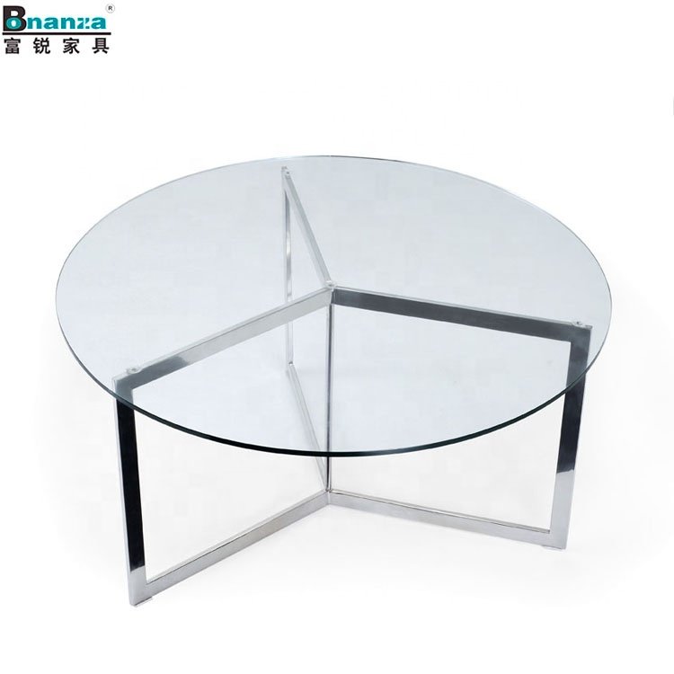 T-006C# Modern Round clear glass coffee table with stainless frame for hotel