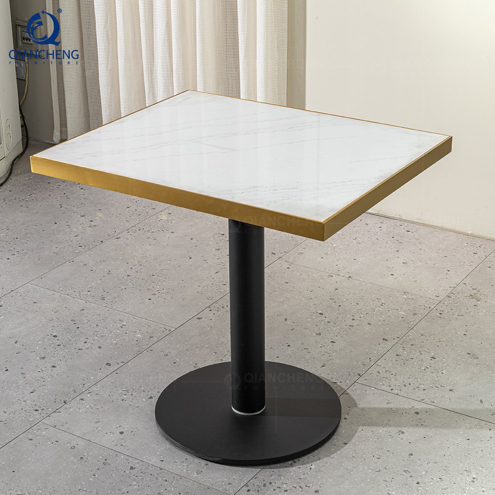QIANCHENG hotel restaurant buffet tables cast iron dining table iron leg white marble top restaurant square bar table