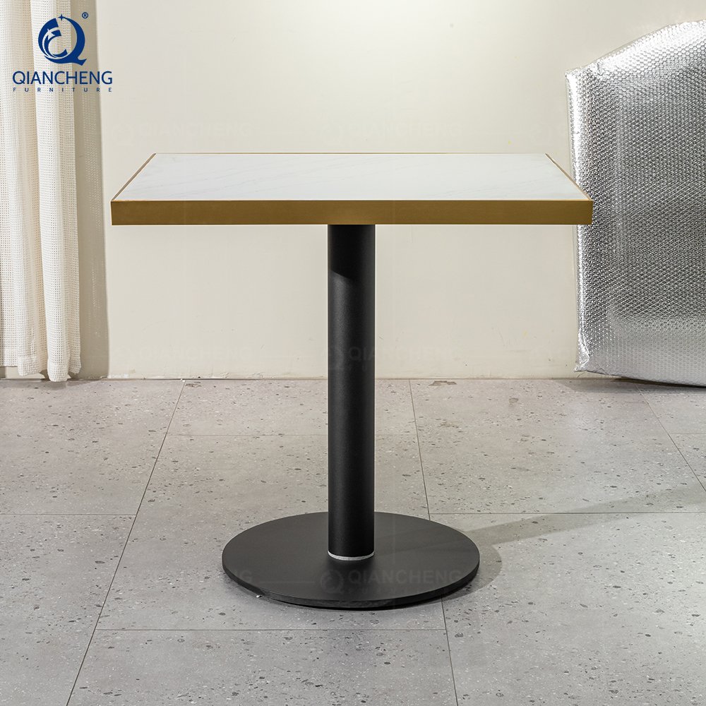 QIANCHENG hotel restaurant buffet tables cast iron dining table iron leg white marble top restaurant square bar table