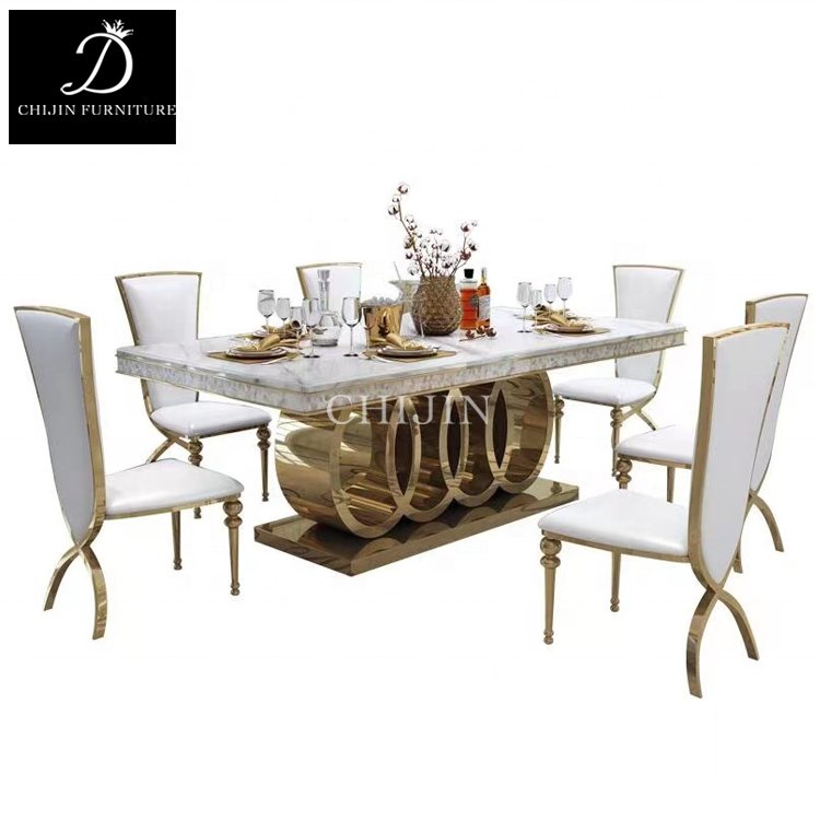 Modern Luxury Dining Room Table And Chairs Set Stainless Steel Marble Metal Legs Dining Furniture