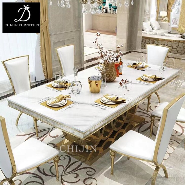 Modern Luxury Dining Room Table And Chairs Set Stainless Steel Marble Metal Legs Dining Furniture