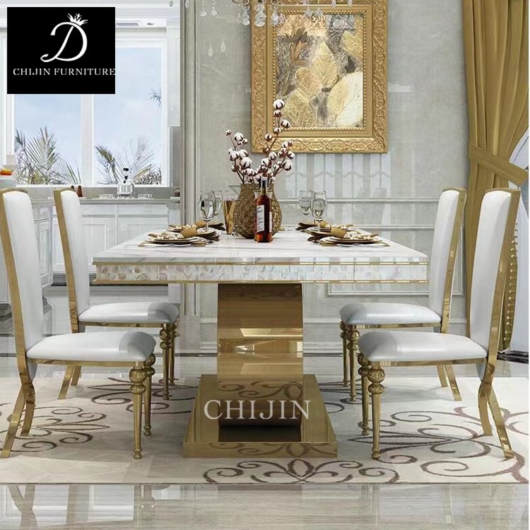 Modern Luxury Dining Room Table And Chairs Set Stainless Steel Marble Metal Legs Dining Furniture