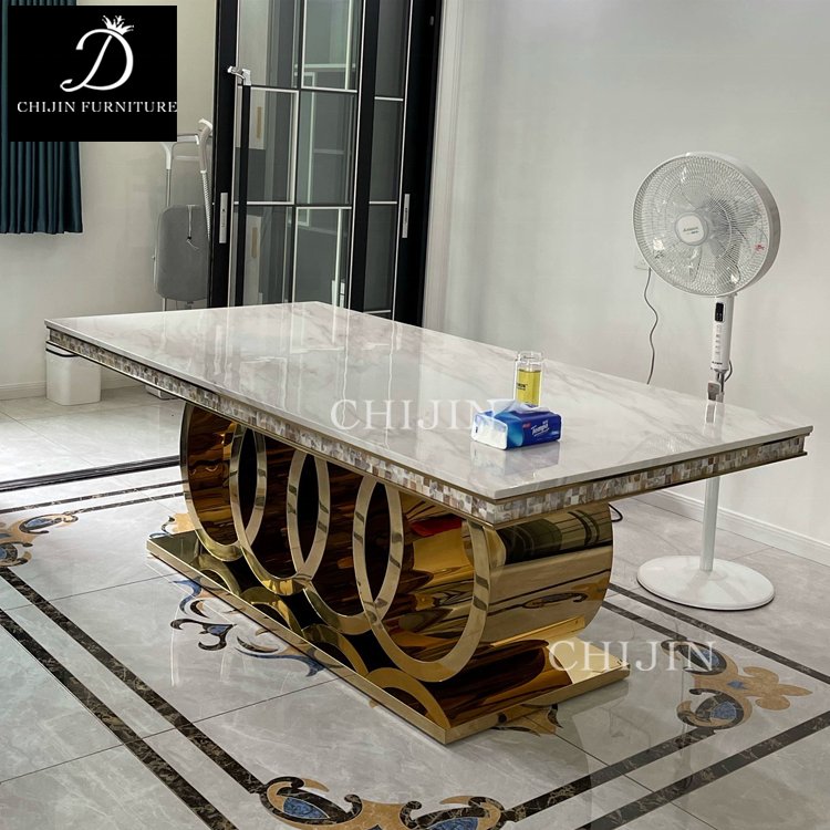 Modern Luxury Dining Room Table And Chairs Set Stainless Steel Marble Metal Legs Dining Furniture