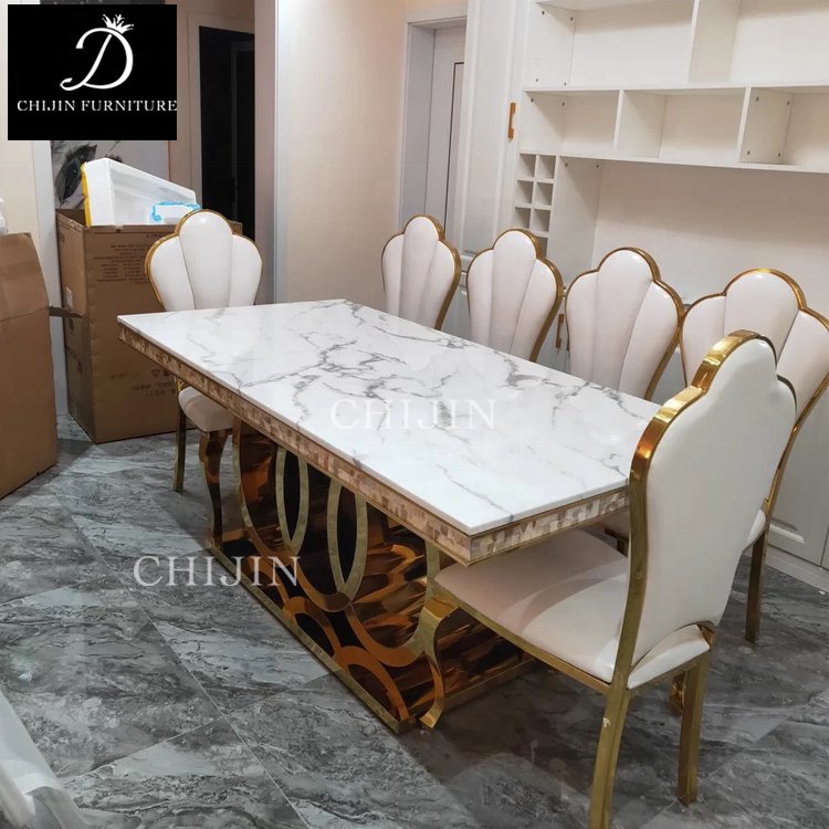 Modern Luxury Dining Room Table And Chairs Set Stainless Steel Marble Metal Legs Dining Furniture