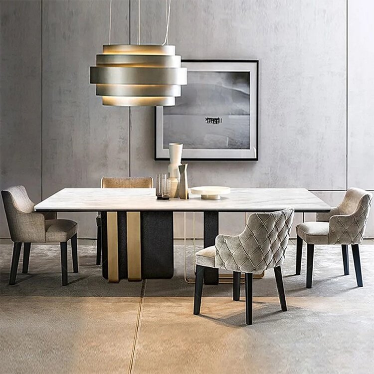 Wholesale Luxury Modern Nordic Style Stainless Steel Marble Dining Table Set 8 10 12 Seater European For Home Hotel Villa