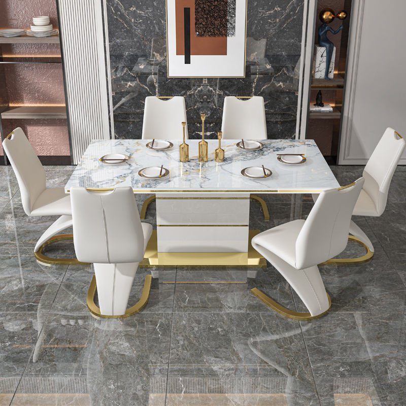 HANYEE Modern Dining Table Set with 6 Chairs New Design Rock Marble Table Top for Kitchen Hotel Use by Dining Room Furniture
