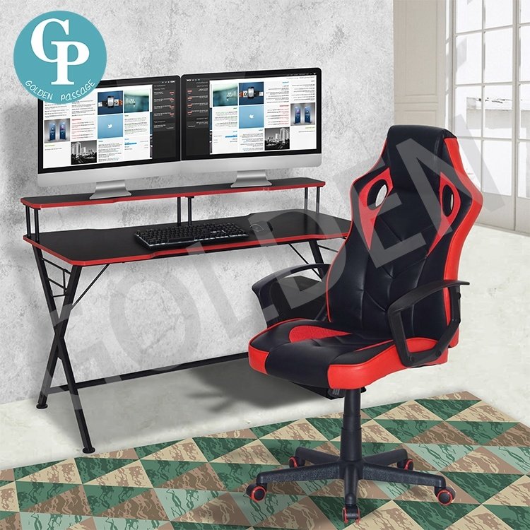 Gaming Desk Cross Shaped Home Office PC Computer Gaming Desk Table with Monitor Stand Cup Holder Headphone Hook