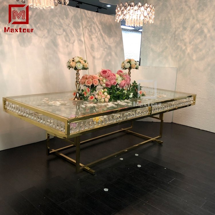 Luxury event furniture 12 seaters mirrored gold wedding table inlay crystal frame clear glass top wedding dining table