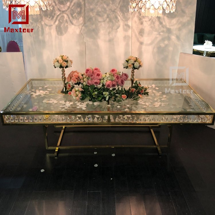 Luxury event furniture 12 seaters mirrored gold wedding table inlay crystal frame clear glass top wedding dining table