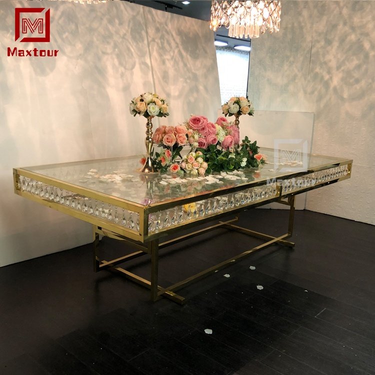 Luxury event furniture 12 seaters mirrored gold wedding table inlay crystal frame clear glass top wedding dining table