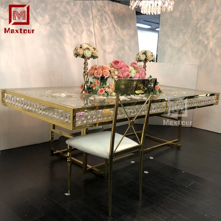 Luxury event furniture 12 seaters mirrored gold wedding table inlay crystal frame clear glass top wedding dining table