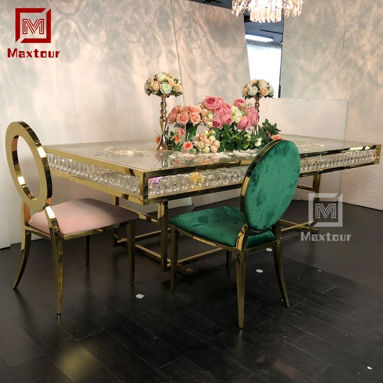Luxury event furniture 12 seaters mirrored gold wedding table inlay crystal frame clear glass top wedding dining table