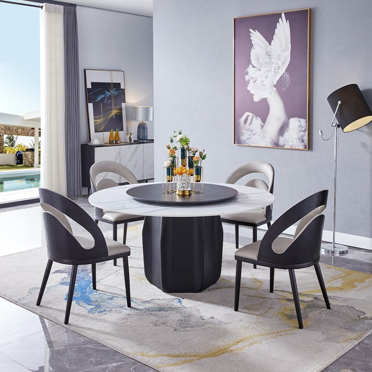 Light Luxury Modern Dining Room Furniture Glass Round Marble Top With Turntable Table and 6 Chairs Home Furniture