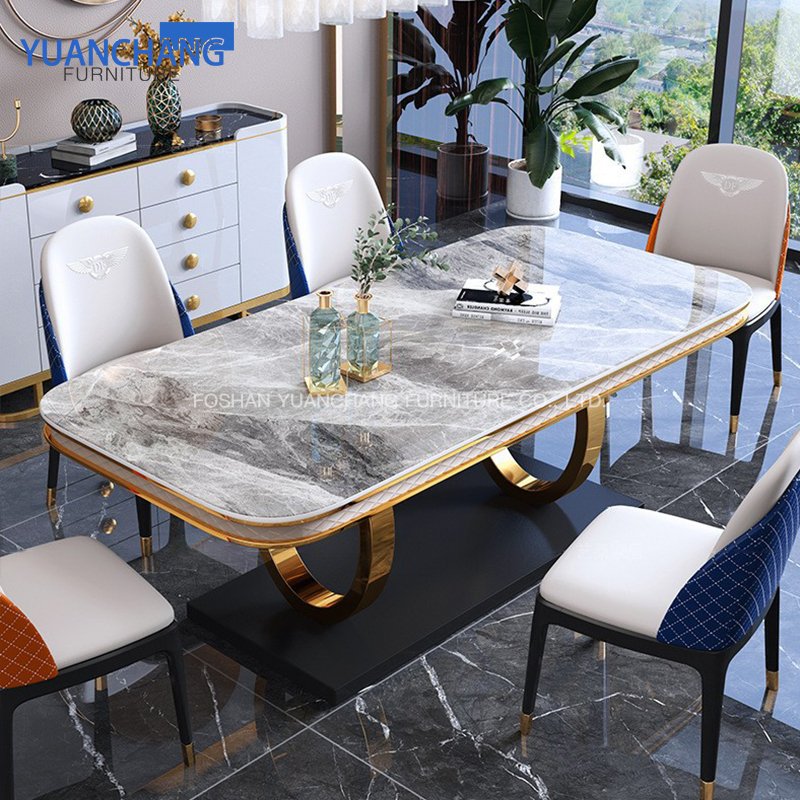 YuanChang modern stainless steel dining table legs black marble luxury dining table set for 6 seater