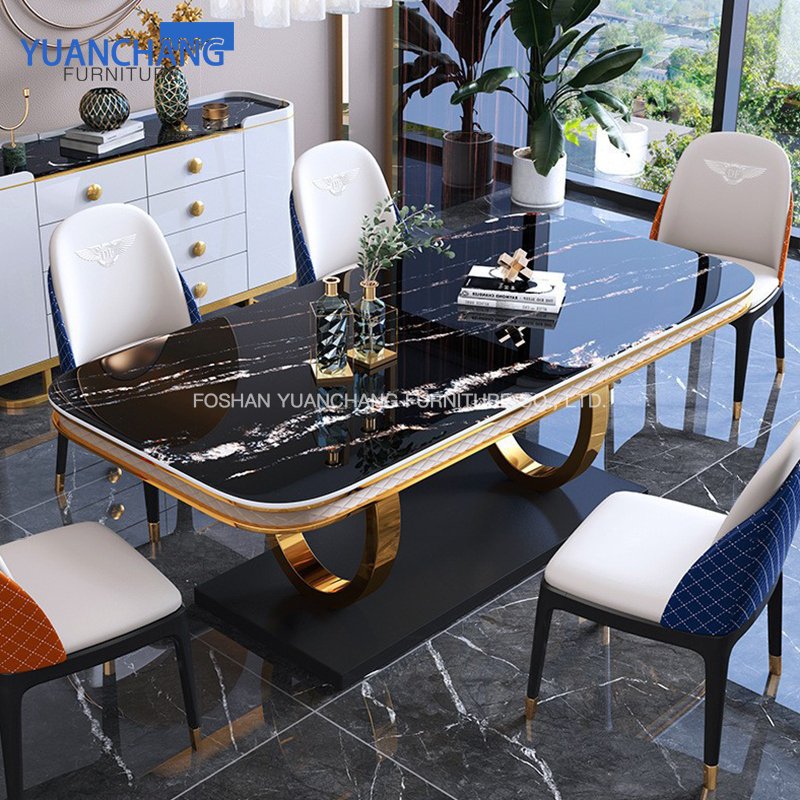 YuanChang modern stainless steel dining table legs black marble luxury dining table set for 6 seater