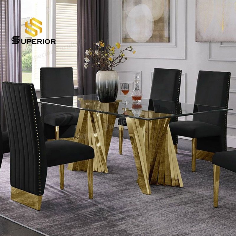 manufacturer wholesale Interior dining table and chair set modern glass top gold dinning table