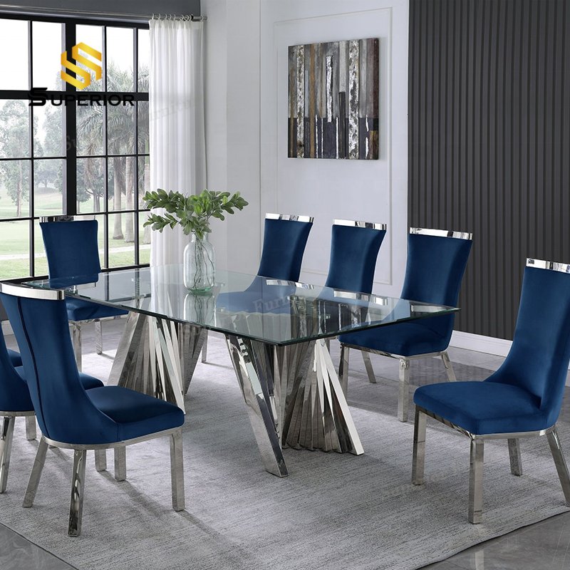manufacturer wholesale Interior dining table and chair set modern glass top gold dinning table