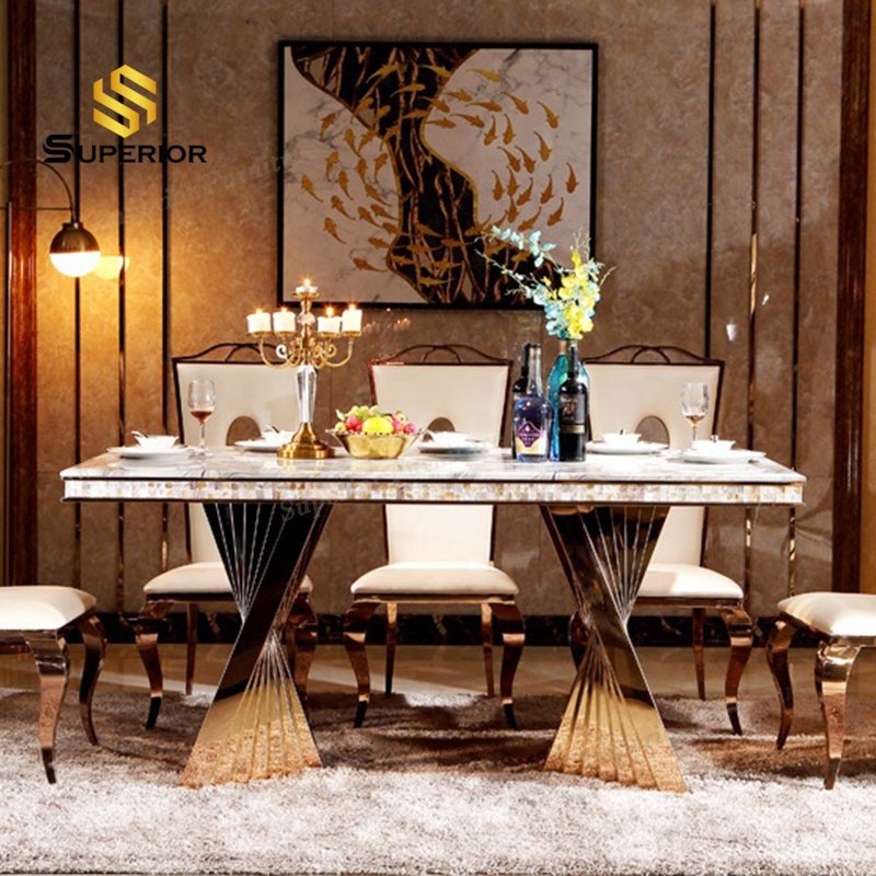 manufacturer wholesale Interior dining table and chair set modern glass top gold dinning table