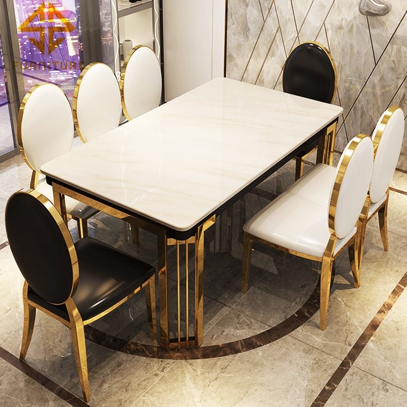 Modern luxury designs gold metal base marble top dining table sets 8 chairs