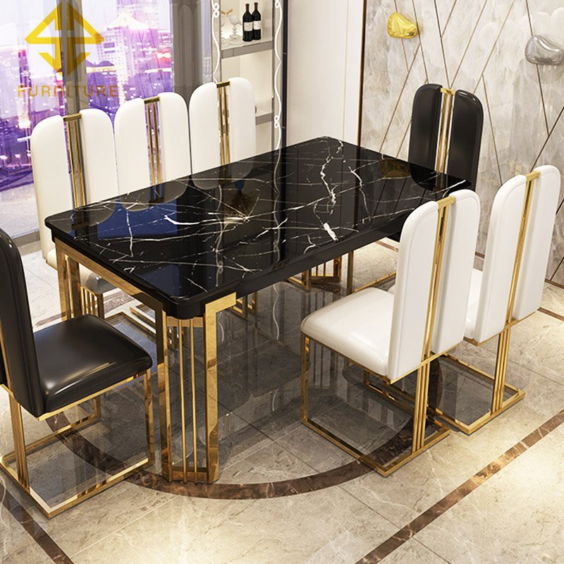Modern luxury designs gold metal base marble top dining table sets 8 chairs