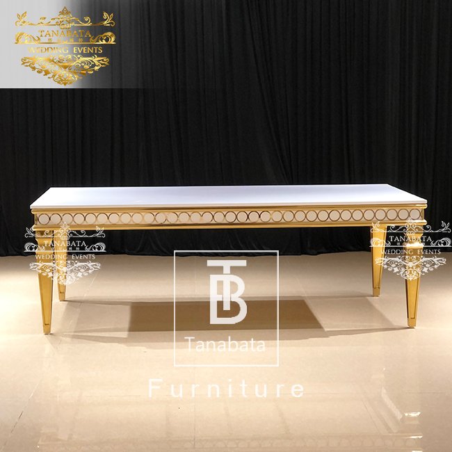Rectangle Gold Stainless Steel Frame with White MDF Top Table for Wedding