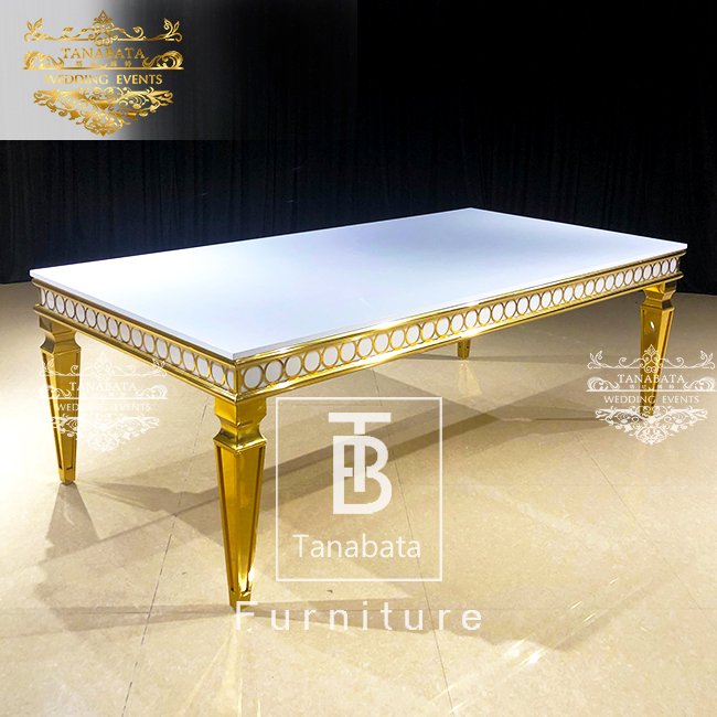 Rectangle Gold Stainless Steel Frame with White MDF Top Table for Wedding