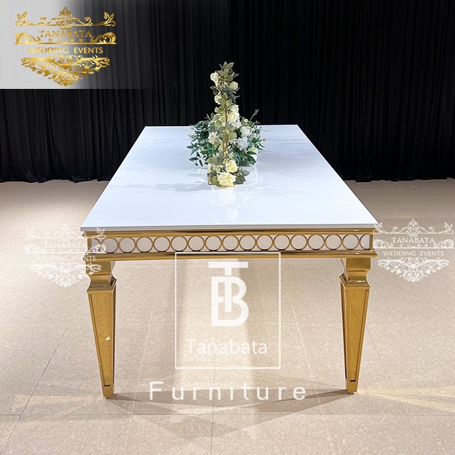 Rectangle Gold Stainless Steel Frame with White MDF Top Table for Wedding