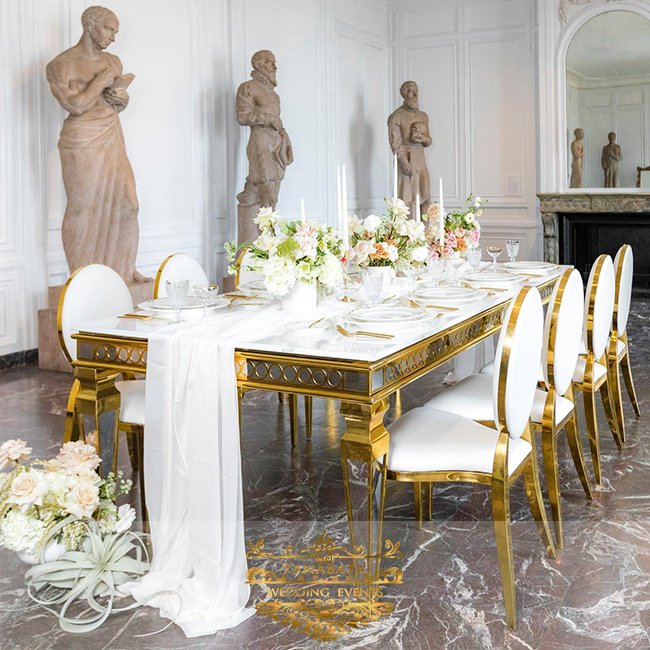 Rectangle Gold Stainless Steel Frame with White MDF Top Table for Wedding