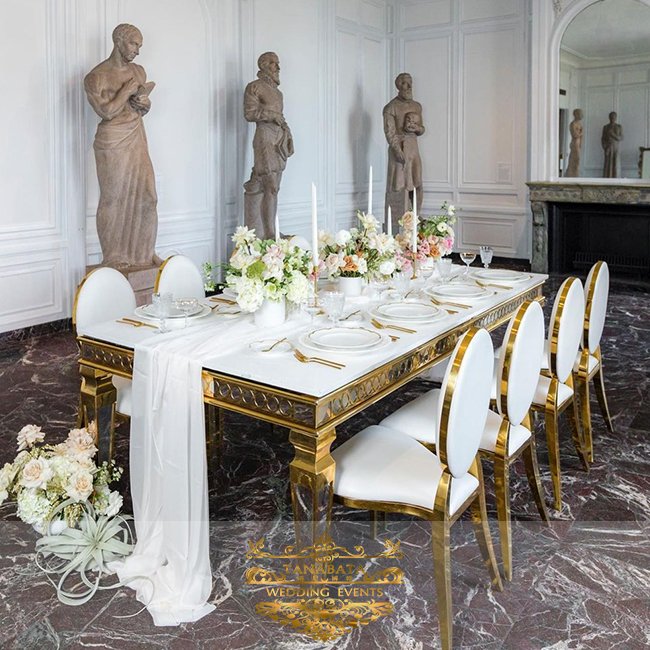 Rectangle Gold Stainless Steel Frame with White MDF Top Table for Wedding